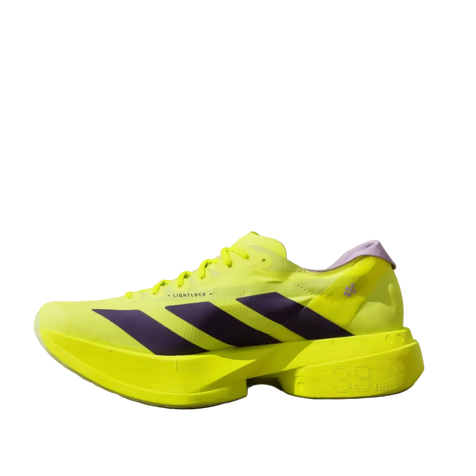 adidas Men's Adios Pro 4 Running Shoes in Solar Yellow/Aurora Plum/Powder Plum SS26