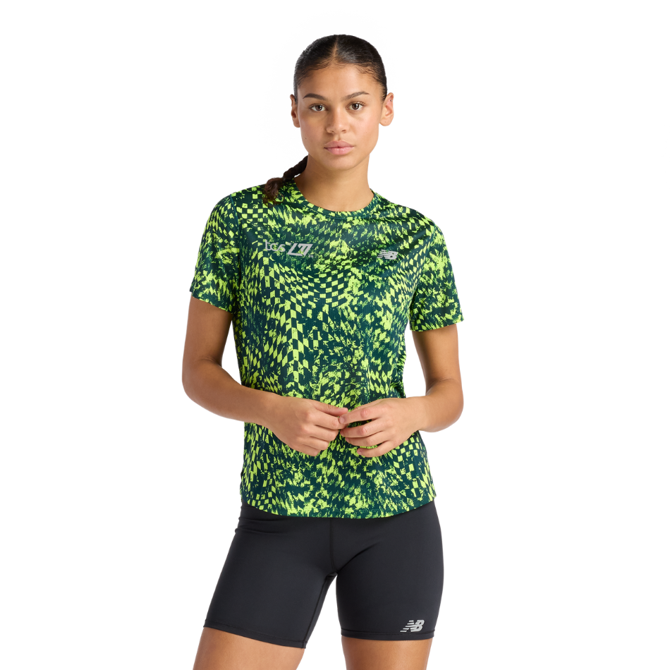 New Balance Women's London Edition Athletics Print T Shirt in Alkaline Green SS26