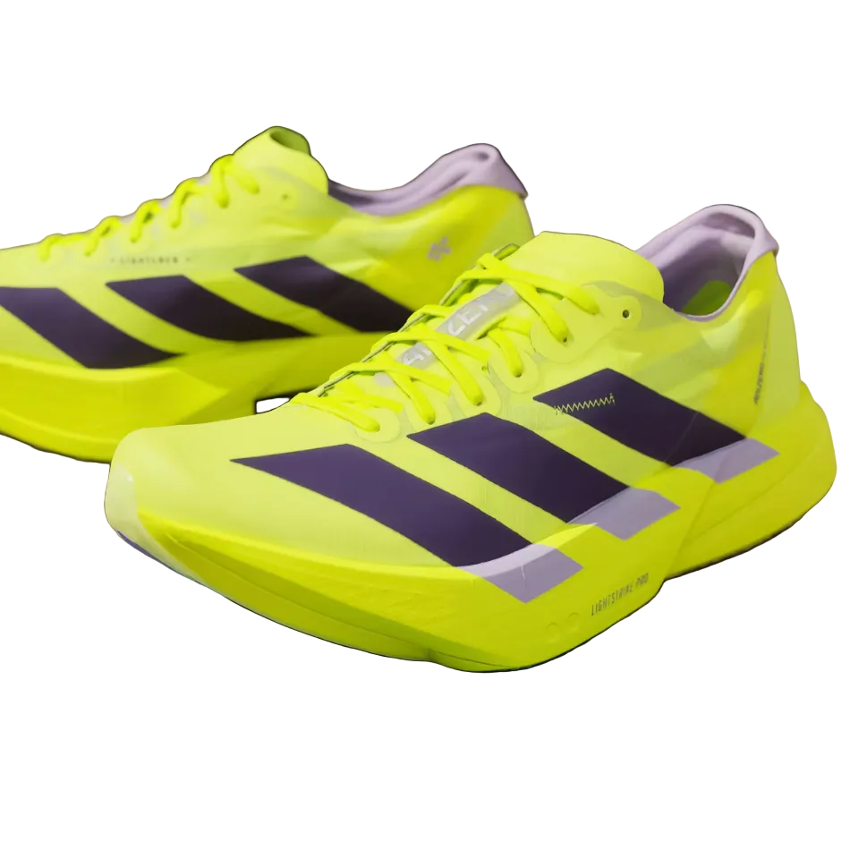 adidas Men's Adios Pro 4 Running Shoes in Solar Yellow/Aurora Plum/Powder Plum SS26