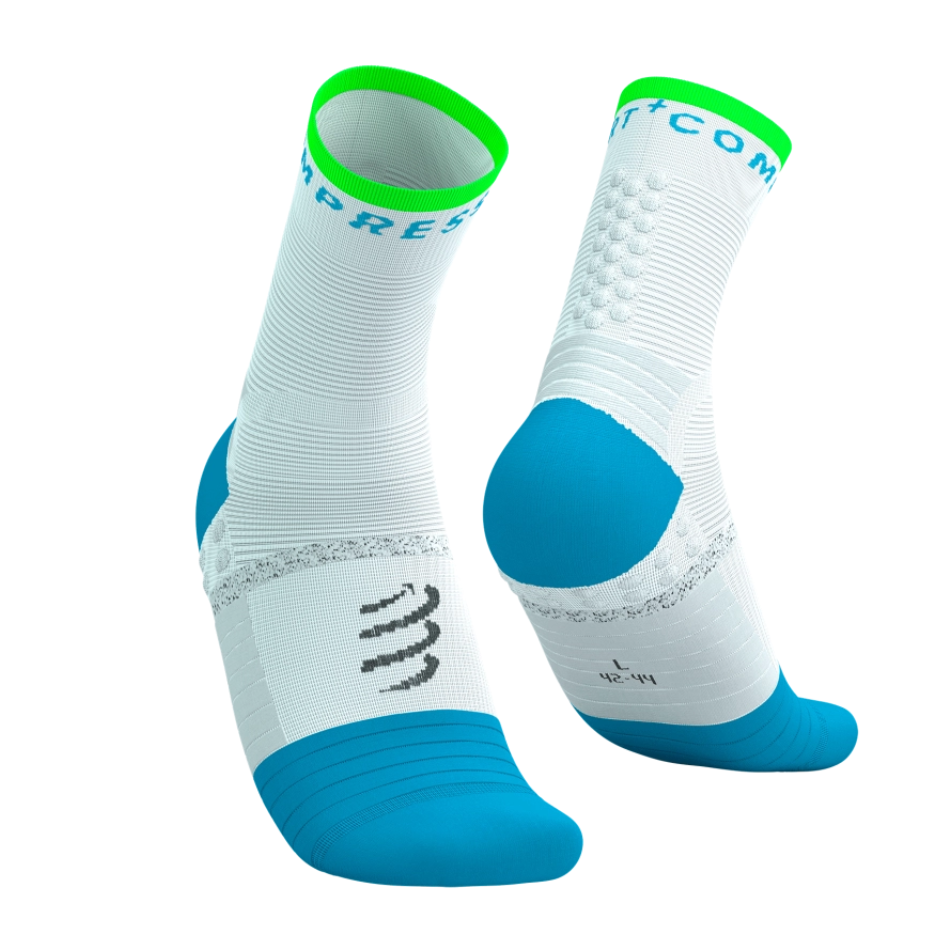 Compressport Unisex Pro Marathon Running Socks V2.0 in White/Norse Blue/Neon Green SS26