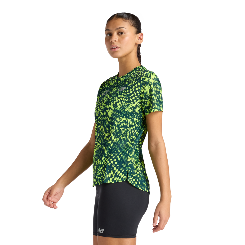 New Balance Women's London Edition Athletics Print T Shirt in Alkaline Green SS26
