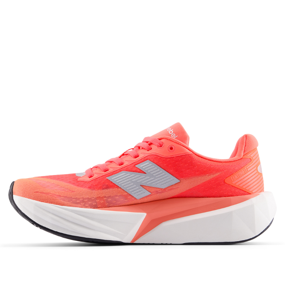 New Balance Women's Fuelcell Rebel V5 Running Shoes in Urgent Red/White/Silver Metallic AW25