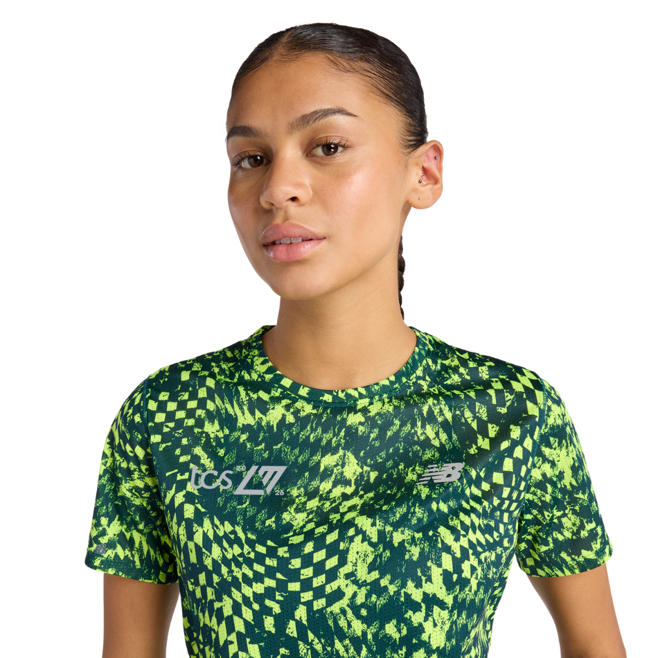 New Balance Women's London Edition Athletics Print T Shirt in Alkaline Green SS26