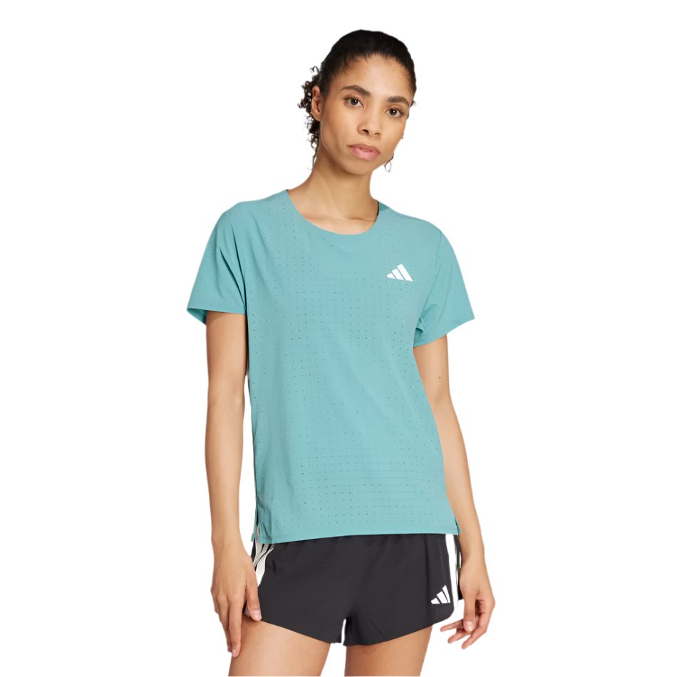 adidas Women's Adizero Short Sleeved Running Tee in Powder Teal AW25